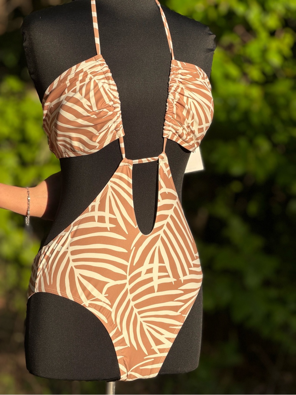 Forever 21 Brown and Cream Tropical Cutout One-Piece Swimsuit